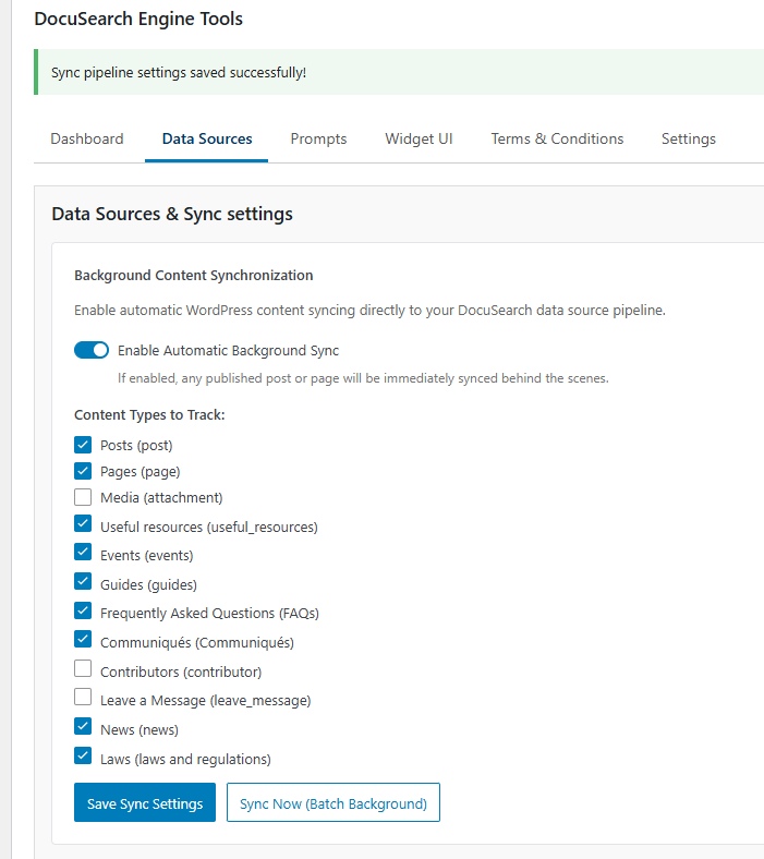 DocuSearch WordPress Sync Settings Screenshot